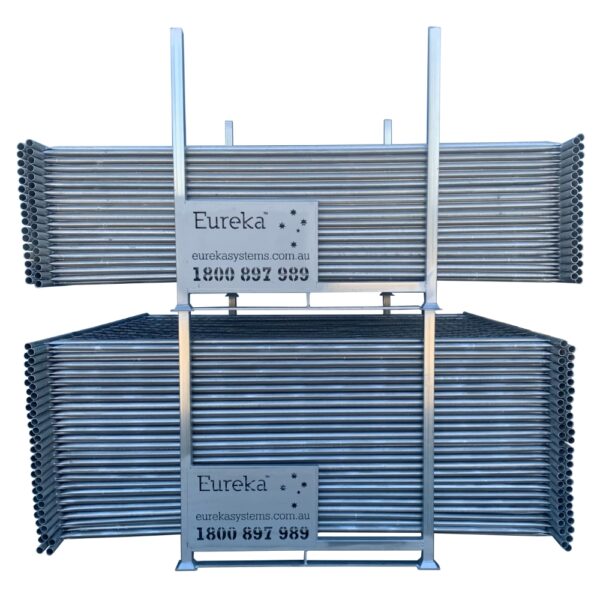 Stackable galvanised steel stillage for temporary fencing panels