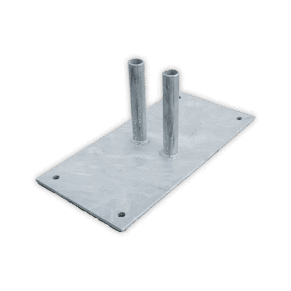 Low-profile steel base plate for stabilising temporary site fencing