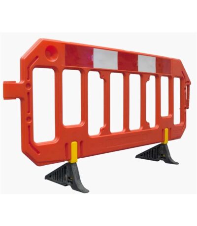 Red and white portable pedestrian road barrier, 2 metre style