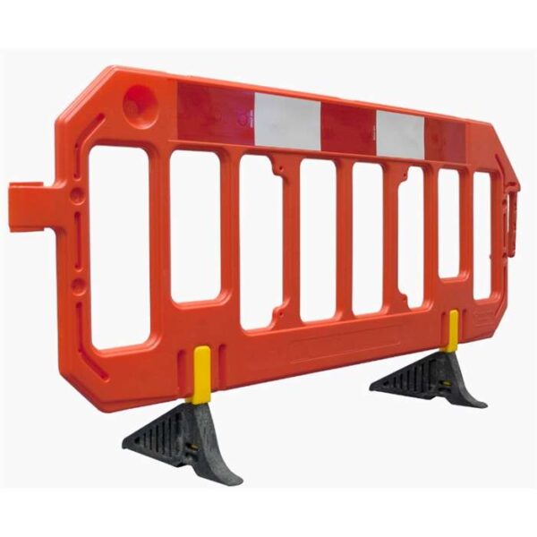 Red and white portable pedestrian road barrier, 2 metre style