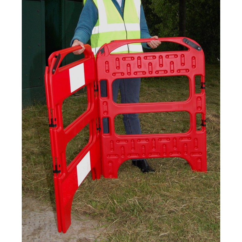 Portable folding red construction safety barrier with reflective strips