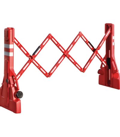 Red expandable PVC safety barrier with reflective markings