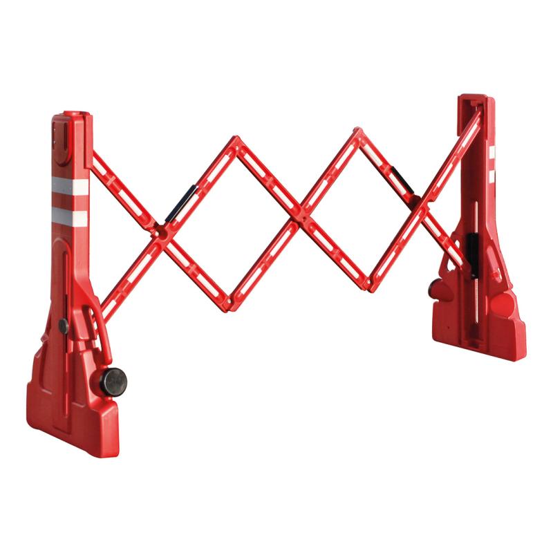 Red expandable PVC safety barrier with reflective markings